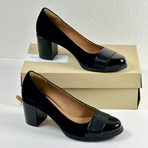 Clarks Artisan Tarah Brae Black Suede Patent Leather Pumps Women’s Size 6.5M - Picture 9 of 16